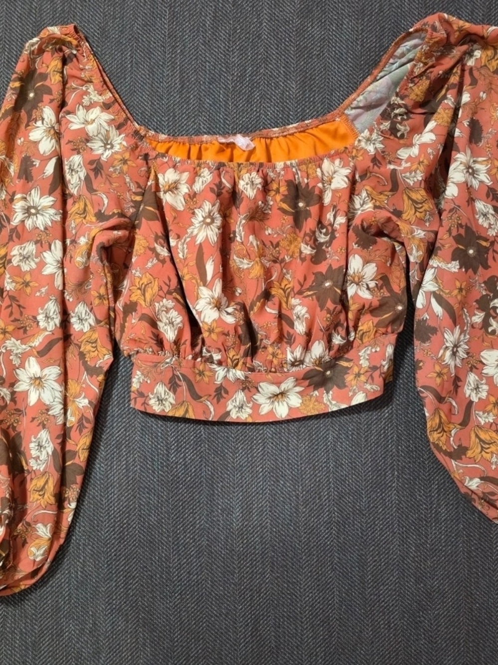 LoveColette Rust Floral Puff-Sleeve Crop Top